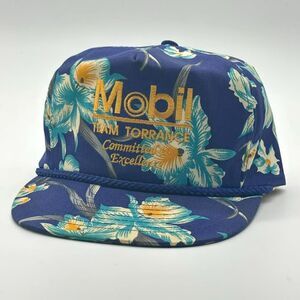 Vtg Mobil Oil Trucker Hat Rope Flat Bill Blue Hawaiian Print Slide Back Nissin